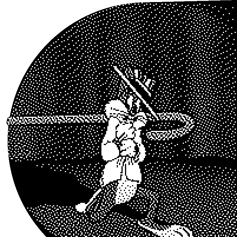 A pixelated monochrome image of a popular cartoon rabbit being yanked with a Vaudeville Hook