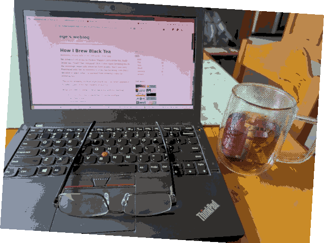 Me sitting down to read ege's blog with a cup of hot black tea in an insulated glass mug to my right. The image was rotated, reduced to 640x480, then reduced to 16 dynamically selected colors, and then composited between a thresholded version and an ordered-dithered version