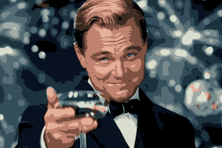 A screencap of the "toast" scene from The Wolf of Wall Street